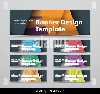 Vorlage von horizontalen schwarzen Webbannern mit dreieckigen Schnittelementen und Platz für ein Foto. Ein Satz von Standardgröße in Material Design Stil. Stock Vektor