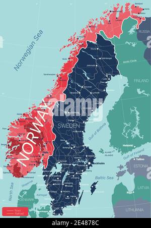 Norwegen Land detaillierte editierbare Karte mit Regionen Städte und Städte, Straßen und Eisenbahnen, geografische Standorte. Vector EPS-10-Datei Stock Vektor