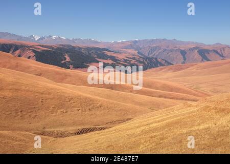 Weitläufige Landschaft des Assy Plateau, ein großes Bergtal und Sommerweide von Hirten 100km von Almaty, Kasachstan genutzt. Stockfoto