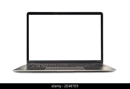 Modell eines modernen Laptops mit weißem leerem Bildschirm Weißer Hintergrund Stock Foto Stockfoto