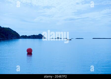 Rote Bouy mitten in einem Fjord in der Nacht. Stockfoto