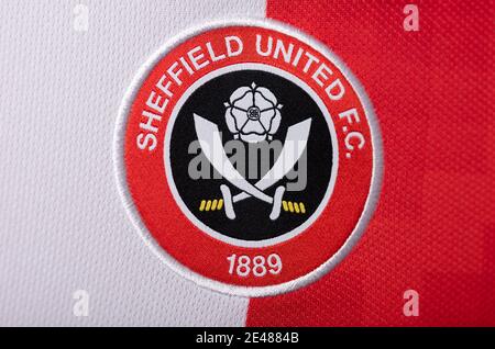 Nahaufnahme des FC Sheffield United Fußballtrikots 2020/21. Stockfoto