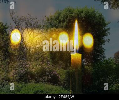 Eine brennende Kerze in Fotomontage mit dem Holocaust Memorial Day, Peace Tree im Mount Edgcumbe Park, Südosten Cornwall Stockfoto