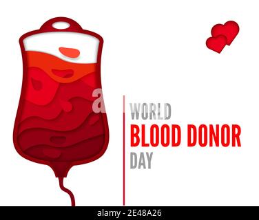 World Blood Donor Day Poster oder Einladungen. Medizinisches Design mit einem Blutbeutel. Vektorgrafik, Papier Schnitt Stil. Für Text platzieren. Blutspende. Stock Vektor