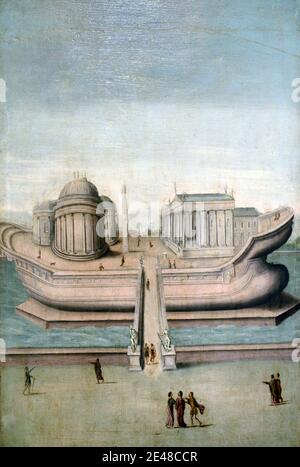 Tiber Island & Cestius Bridge Rom Italien. Bemalte Wandtafel oder Wandmalerei im c17. Palast oder Palais de la Berbie Albi Tarn Frankreich Stockfoto