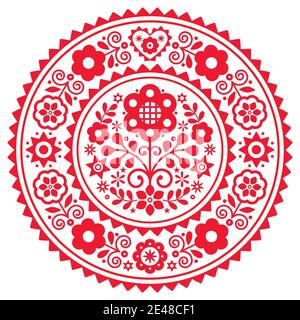 Folk Art Vektor Mandala Design mit Blumen mit Rahmen inspiriert Durch alte traditionelle polnische Stickerei Lachy Sadeckie - Böhmische Muster Stock Vektor