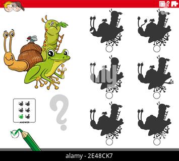 Cartoon Illustration der Suche nach dem Schatten ohne Unterschiede pädagogische Spiel Für Kinder mit Tierfiguren Stock Vektor