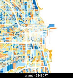 Farbkunstkarte von Chicago, Illinois, UnitedStates in Blau und Orangen. Die Farbabstufungen auf der Chicago-Karte folgen einem zufälligen Muster. Stock Vektor