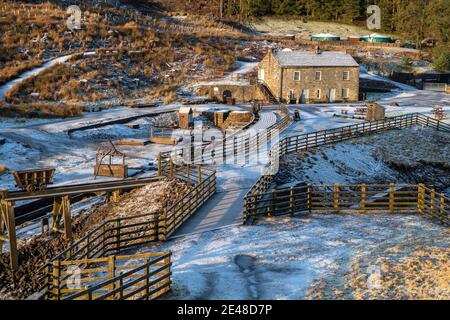 Killhope Mine, County Durham, UK - Montag, 27. Januar 2020 - der erste von vielen Schneeschauern traf County Durham heute Morgen als die ÔPest aus dem Westen Stockfoto