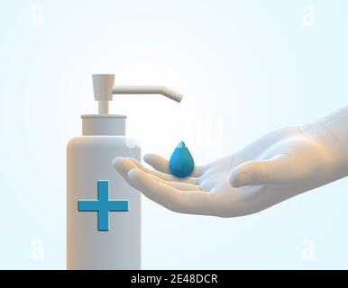 Symbol für Händedesinfektionsmittel ist weiß isoliert. Hand- und Hygieneartikel. Desinfektionsflasche Covid-19 Spread Prävention. 3D-Rendering Stockfoto