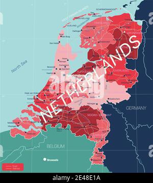 Niederlande Land detaillierte editierbare Karte mit Regionen Städte und Städte, Straßen und Eisenbahnen, geografische Standorte. Vector EPS-10-Datei Stock Vektor