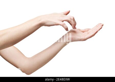 Weibliche Hand poiting durch Finger isoliert auf weißem Hintergrund mit Beschneidungspfad Stockfoto