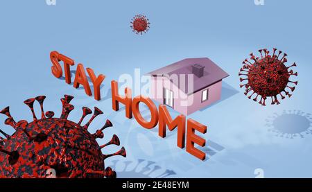 3d-Rendering des lebensbedrohlichen Covid-19-Virus mit einem Haus und dem Slogan zu Hause bleiben.Digitale Bilddarstellung. Stockfoto