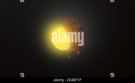 3D-Rendering eines Coronavirus mit einem glühenden Zellkern.Medizinisches Konzept für den Ausbruch des lebensbedrohlichen Covid-19-Virus. Stockfoto