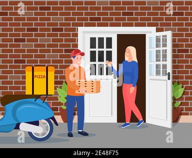 Der Lieferer brachte einen Haufen Pizzaboxen Stock Vektor