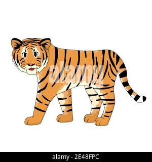 Orange lächelnder Tiger geht. Isoliertes Tier auf weißem Hintergrund Stock Vektor
