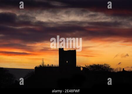 Sunrise, Clitheroe Castle, Ribble Valley, Lancashire, Großbritannien. Stockfoto
