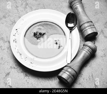 Püree in grüner und gelber Farbe in Yin Yang Zeichen durch Pfefferbox, Salzkeller und Löffel. Traditionelles Küchenkonzept. Spinat- und Kürbiscremesuppe auf grauem Texturhintergrund. Japanische Suppe im Restaurant. Stockfoto