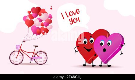 Zwei liebevolle Herzen Paar. Ich liebe dich. Valentinspaar. Niedliche Charaktere von Liebenden auf rosa Hintergrund. Vektorgrafik. Vorlage Banner oder Hochzeit Stock Vektor