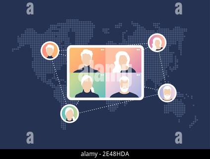 Konzept der weltweiten Videokonferenz. Videokonferenzen und Online-Meetings . Stock Vektor