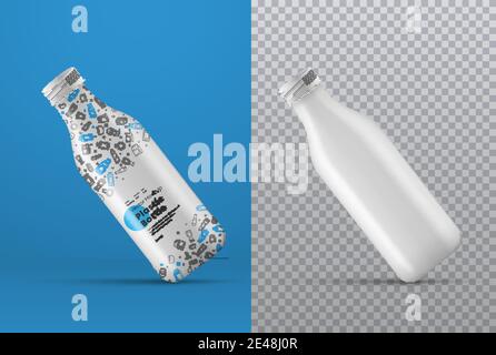 Vektor realistische Nachbildung einer weißen Plastikflasche in einem Winkel mit einem Schatten. Universelle Schablone für verschiedene Getränke isoliert auf einer Farbe und transpare Stock Vektor