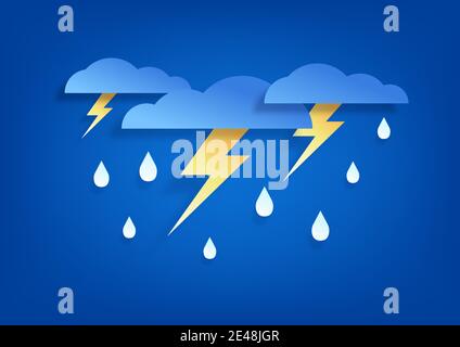 Himmel und Blitz in der Regenzeit. Papierkunst Wolke und Regen auf blauem Hintergrund. Stock Vektor