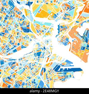 Farbkunstkarte von Boston, Massachusetts, UnitedStates in Blau und Orangen. Die Farbabstufungen in der Boston-Karte folgen einem zufälligen Muster. Stock Vektor