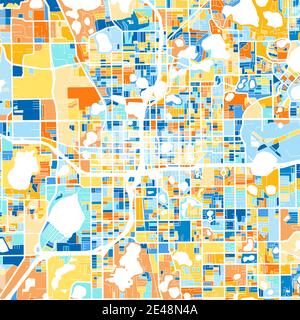 Farbkunstkarte von Orlando, Florida, UnitedStates in Blau und Orangen. Die Farbabstufungen in der Orlando-Karte folgen einem zufälligen Muster. Stock Vektor