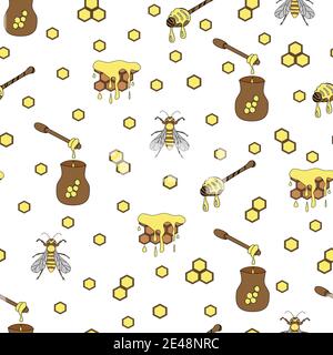 Vektor-Farbmuster mit süßen Honigelementen. Nahtloses Muster für Textil- oder Packpapier Stock Vektor