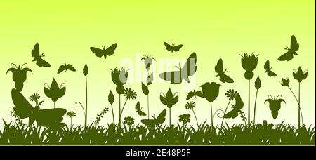 Silhouette einer blühenden Wiese mit Gras, Blumen und Schmetterlingen. Grüne Landschaft. Cartoon-Illustration. Der Bildhintergrund. Wunderschöne Natur Stock Vektor