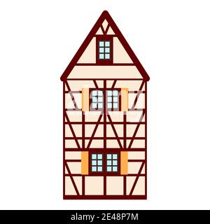 Altes deutsches Haus mit roten Holzbalken. Beige und braune Fachwerkgebäude. Flache Fassaden von europäischen Rahmenhäusern, Hütten. Stock Vektor