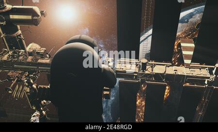 Raumforscher Nahaufnahme: Iterationale Raumstation im offenen Kosmos über dem Erdplaneten bei Sonnenlicht. Moderne Druckraumsuit Spacer Explorer Flug bei Schwerelosigkeit. NASA-Technologie in 3D Animation Stockfoto