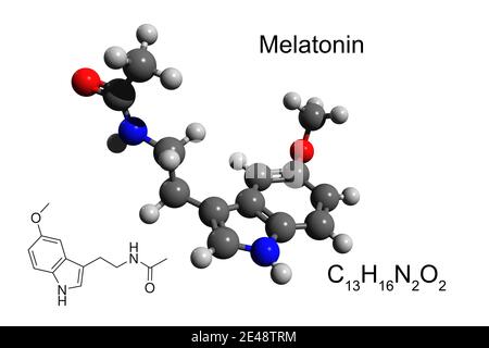 Chemische Formel, Skelettformel und 3D-Ball-und-Stick-Modell des Hormons Melatonin Stockfoto