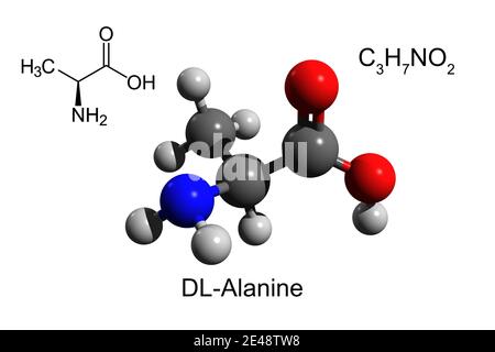 Chemische Formel, Skelettformel und 3D-Ball-and-Stick-Modell von DL-Alanin, einer essentiellen Aminosäure, weißer Hintergrund Stockfoto