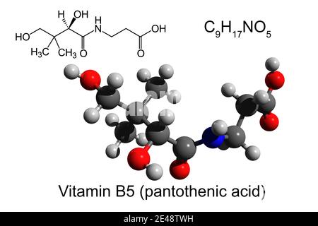 Chemische Formel, Skelettformel und 3D-Ball-and-Stick-Modell von Vitamin B5 (Pantothensäure), weißer Hintergrund Stockfoto