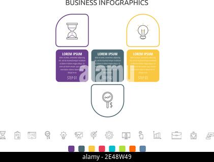 Vektor-Infografiken-Label mit drei Schritten, Symbole. Liniendiagramm. Zeitleiste für Diagramm, Geschäft, Web, Banner, Workflow-Layout, Präsentationen Stock Vektor