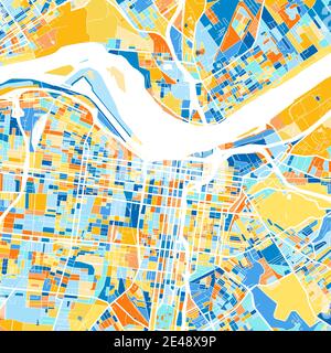 Farbkunstkarte von Louisville, Kentucky, UnitedStates in Blau und Orangen. Die Farbabstufungen auf der Louisville-Karte folgen einem zufälligen Muster. Stock Vektor