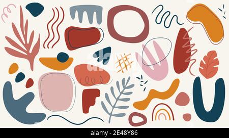 Handgezeichnete verschiedene Formen und Doodle-Objekte gesetzt. Abstrakter Shapes Hintergrund. Minimales Design der Abdeckungen. Satz abstrakter Muster. Vektorgrafik Stock Vektor