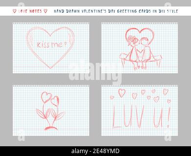 Naive handgezeichnete Stil niedlichen valentinstag Grußkarte. Handschriftliche Liebesnotiz Nachricht auf kariertem Blatt. Horizontale Banner Einladung Flyer Broschüre Karte Stock Vektor