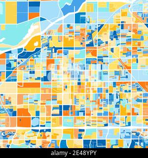 Farbkunstkarte von Mesa, Arizona, UnitedStates in Blau und Orangen. Die Farbabstufungen in Mesa-Karte folgen einem zufälligen Muster. Stock Vektor