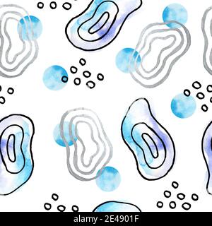 Nahtlose handgezeichnete schwarz weiß blau trendy zeitgenössische grafische Muster mit Gruppen von abstrakten türkis Formen Spiralen und Aquarell Polka Punkt Kreise. Doodles für Textil Tapete Geschenkpapier Stockfoto