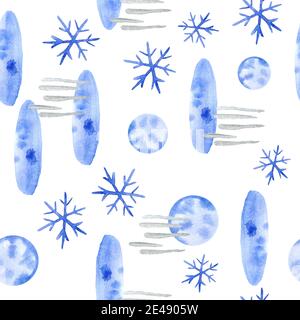 Aquarell Hand gezeichnet nahtlose Muster mit blauen Schneeflocken abstrakte Formen Weihnachten Neujahr Design Geschenkpapier Textil. Electric blau Schnee Frost Pastell Einladung Feier. Winterhintergrund Stockfoto