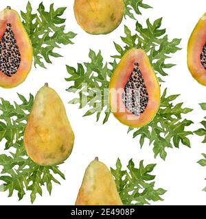 Aquarell handgezeichnetes nahtloses Muster mit tropischen exotischen Papaya-Früchten mit schwarzen Samen von orange-gelben und grünen Blättern. Gesundes Trendfutter für vegane vegetarische Ernährung für Küchentextilien Menü Stockfoto