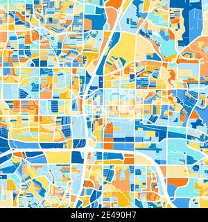Farbkunstkarte von Plano, Texas, UnitedStates in Blau und Orangen. Die Farbabstufungen in der Plano-Karte folgen einem zufälligen Muster. Stock Vektor