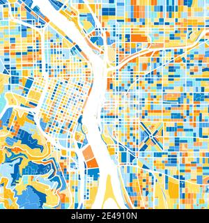 Farbkunstkarte von Portland, Oregon, UnitedStates in Blau und Orangen. Die Farbabstufungen in der Portland-Karte folgen einem zufälligen Muster. Stock Vektor