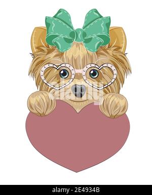 Valentinstag Karte Hund, Welpe, Yorkshire Terrier Woth Herz, Bild in der Hand Zeichnung Cartoon-Stil für Gruß. Postkarte Stock Vektor