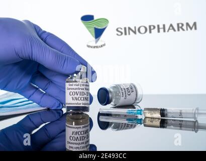 Morgantown, WV - 16. Dezember 2020: Kleine Flasche Coronavirus-Impfstoff mit Spritze mit Hintergrund des chinesischen Unternehmens Sinopharm Logo Stockfoto