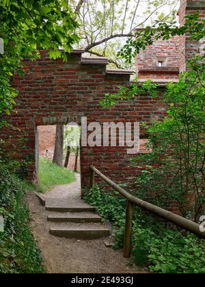 Stadtmauer, Mauer, Backsteinmauer, Ziegel, Weg, Kiesweg, Frühlingsmorgen, Altstadt, Denkmal, Sehenswürdigkeit, historisches Gebäude, historische Altstadt, aufgeführt Stockfoto