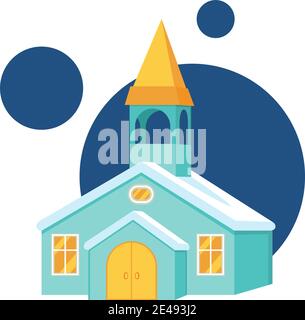 Bunte Cartoon Winter Rathaus. Kleines Stadtgebäude. Vektor-Illustration für Symbol, Website-Label, Geschenkkarte oder Party-Dekoration Stock Vektor