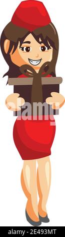 Fliegende Begleiter Luft Hostess Beruf Stewardess Holding Geschenk Cartoon Charakter Abbildung Stock Vektor